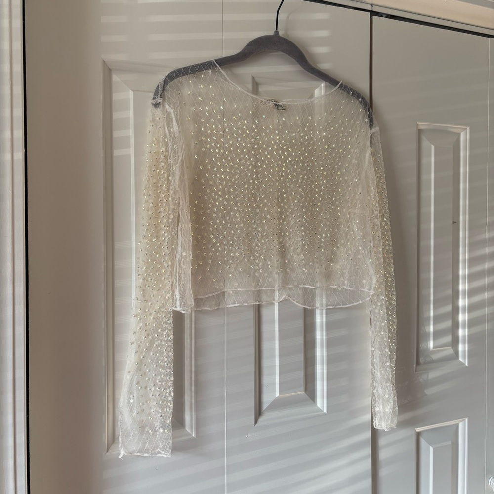 Bear Dance White Sheer Rhinestone Crop Hoodie - Picture 3 of 7